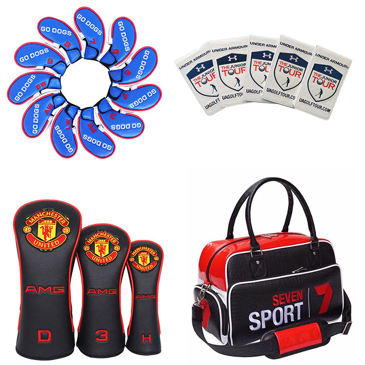 CUSTOM GOLF ACCESSORIES - Customized LOGO HeadCovers headcovers,  duffel bags, yardage books, driver, iron and putter cover, apparel bag, alignment stick shaft