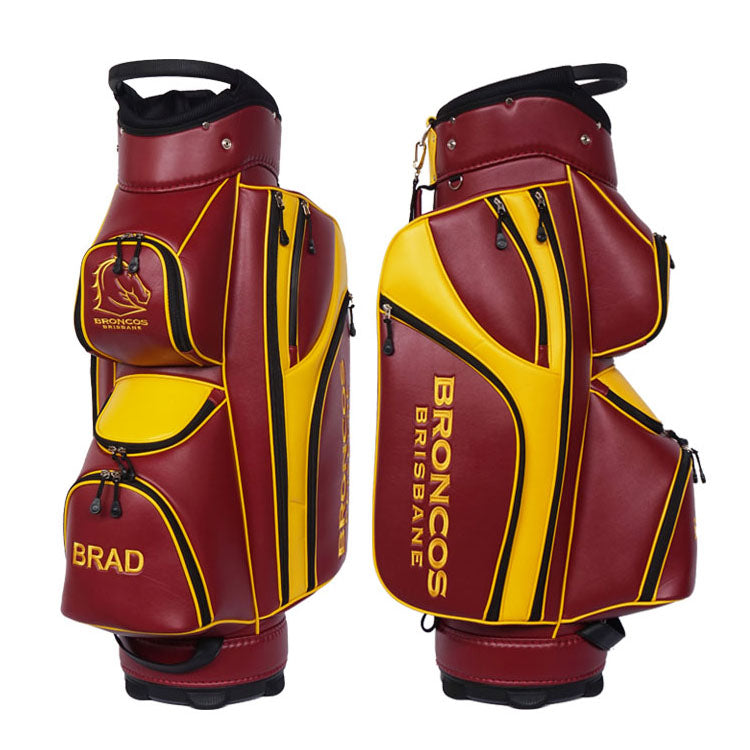Personalised Brisbane Broncos golf cart bag - maroon and yellow
