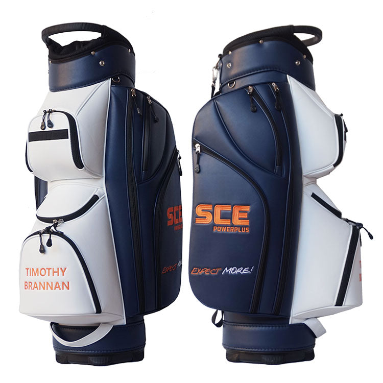Customised golf cart bag - microfibre leather in navy blue and white