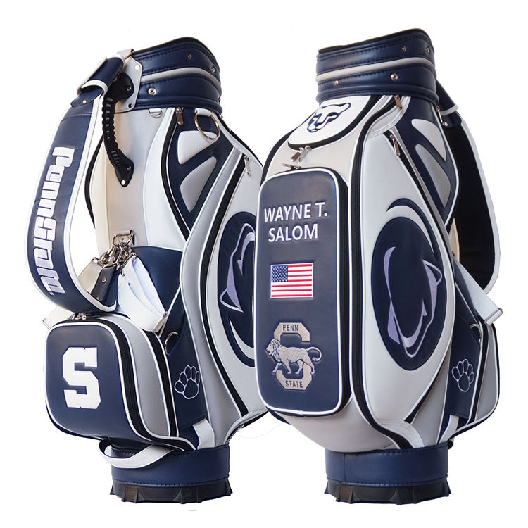custom logo tour golf bag in navy and white leather finish