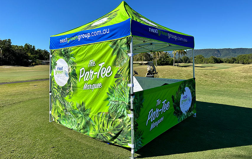 custom marquees with logo and brand colours during charity golf day