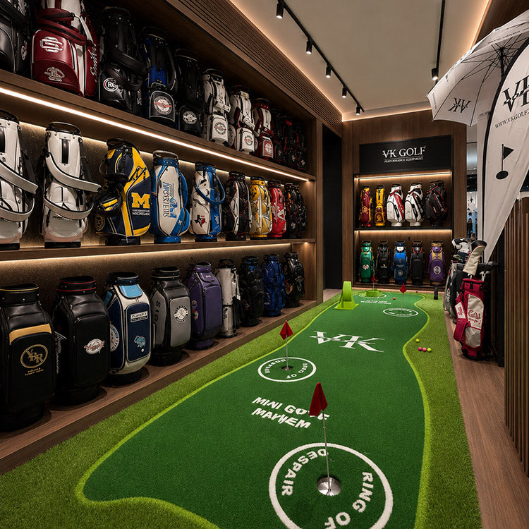 VK Golf shop showroom with customised golf bags, custom putting green and golf accessories