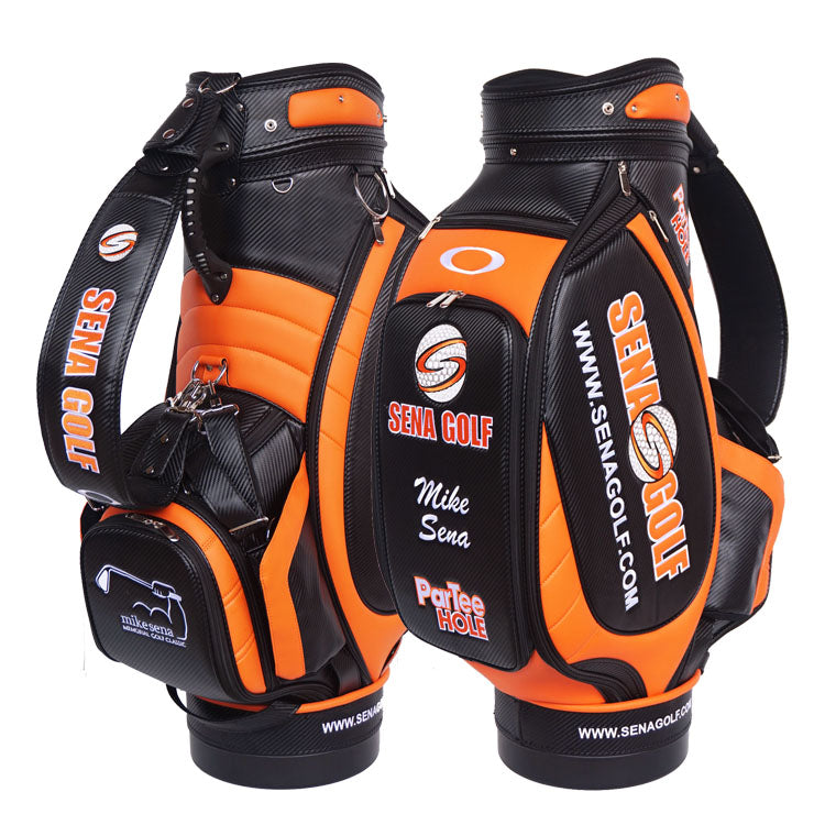 Custom Pro Golf Tour Bag with branded logos - black and orange