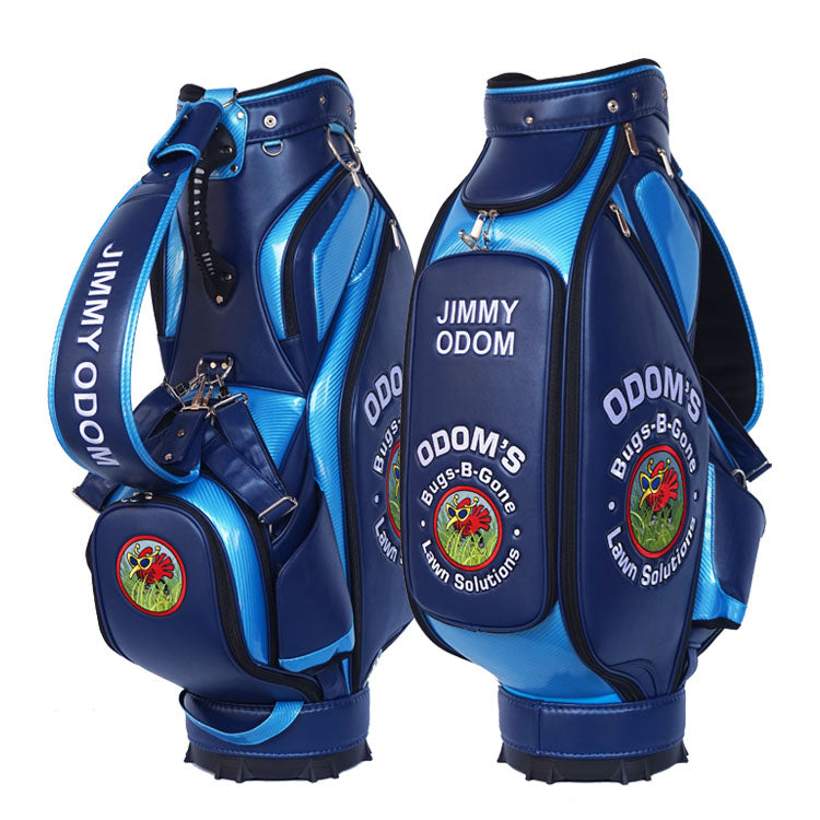 Customised golf staff tour bag with matte navy blue and gloss carbon light blue leather