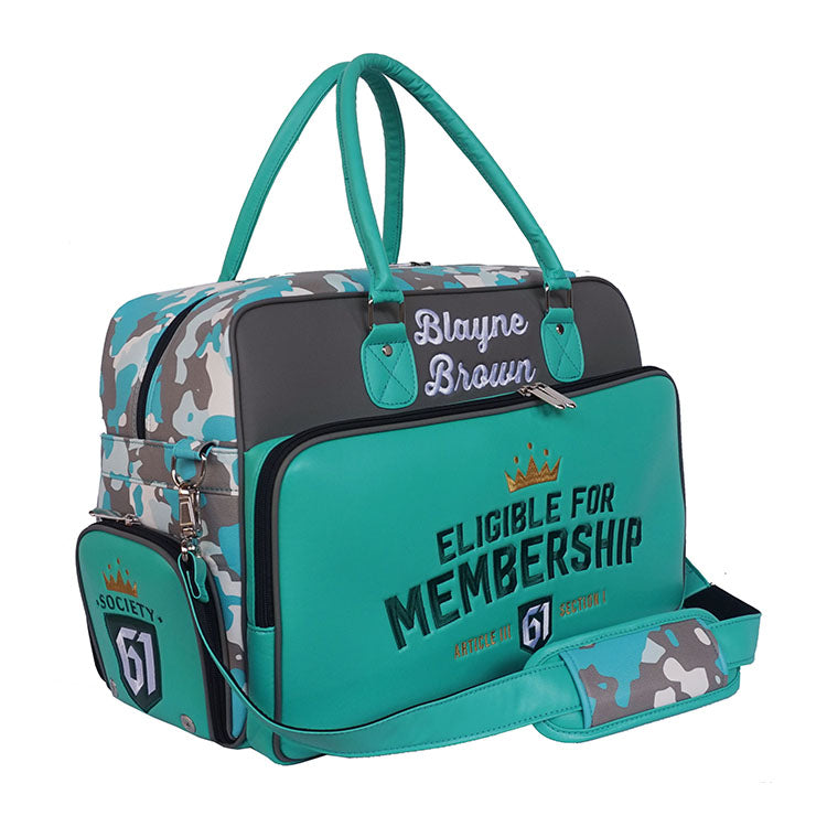 custom duffel bag with camo print and premium logo embroidery